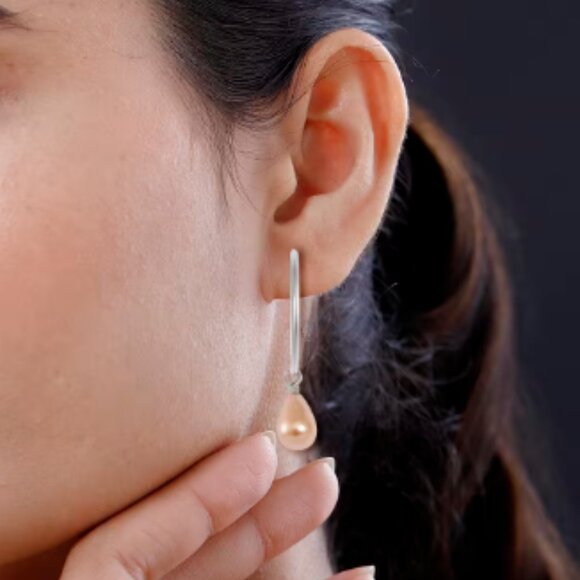 Golden Shell Pearl Tear Drop Hoop Earrings in Stainless Steel - Picture 3 of 3